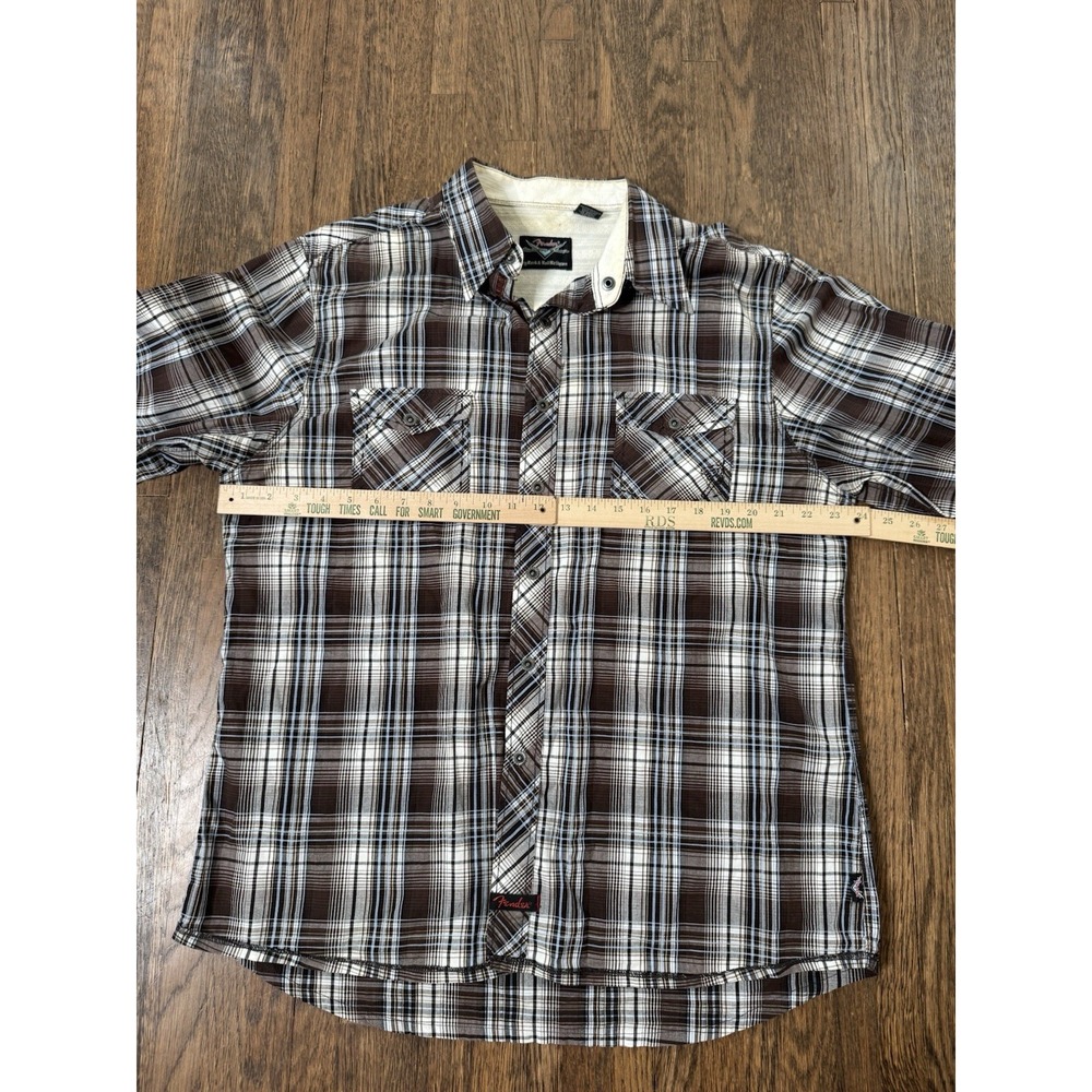 Fender Rock And Roll Religion Mens XXL Brown Plaid Snap Front Long Sleeve Shirt - Picture 2 of 7